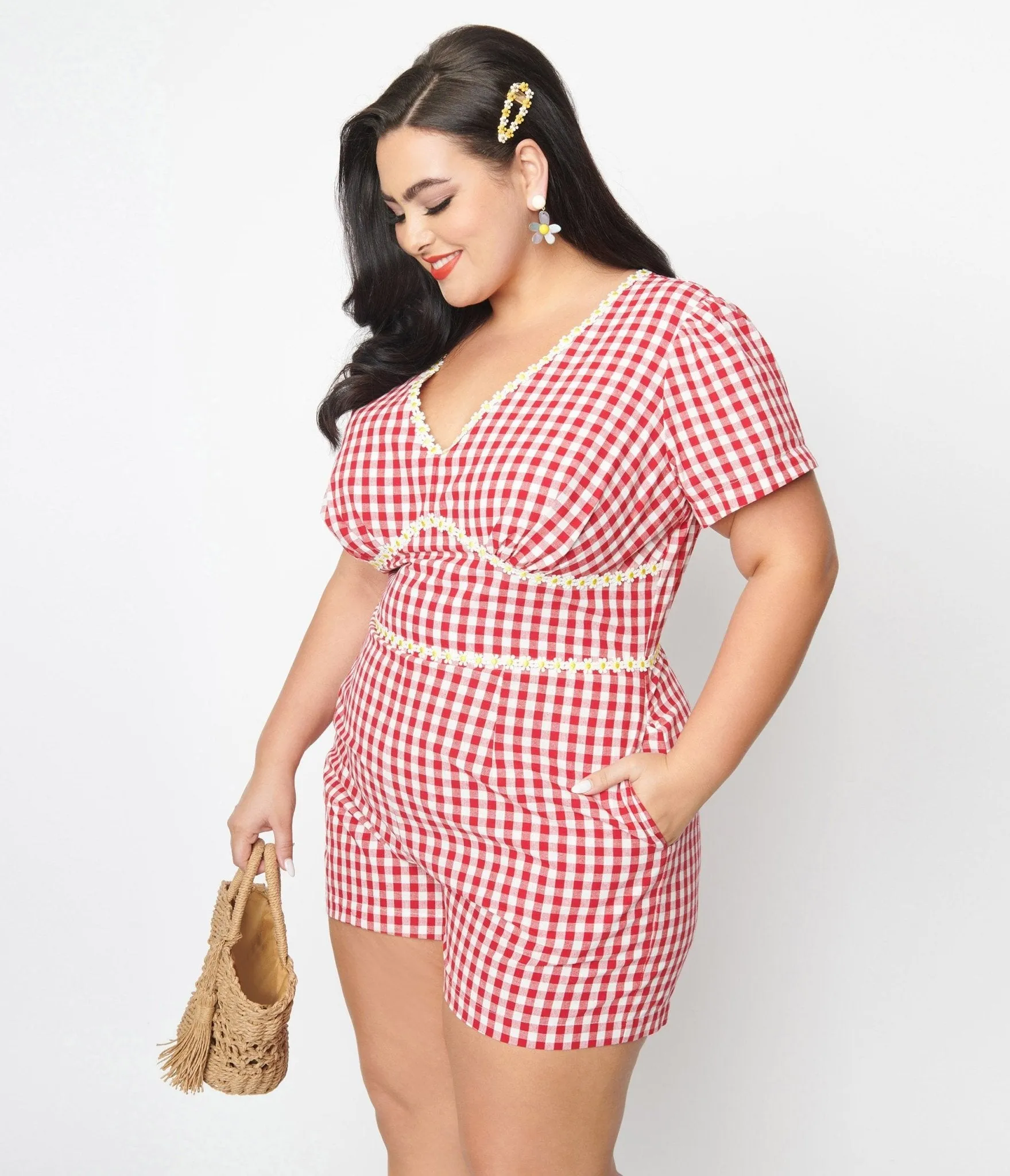 Unique Vintage Plus Size 1940s Red Gingham & Daisy Romper