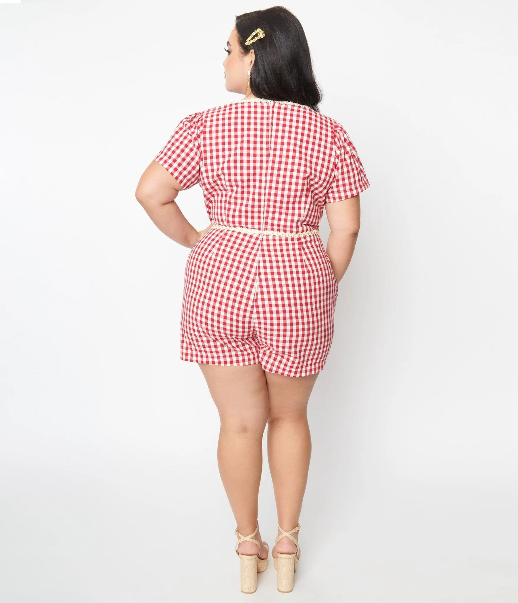 Unique Vintage Plus Size 1940s Red Gingham & Daisy Romper