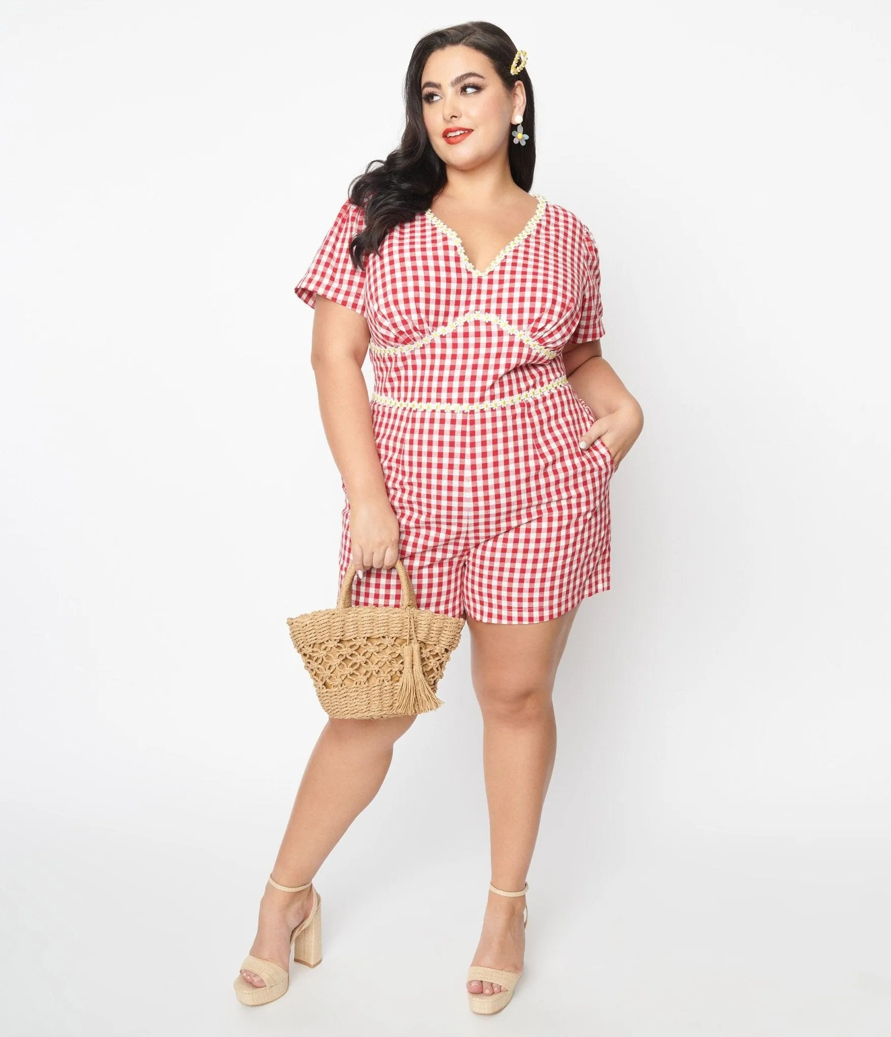 Unique Vintage Plus Size 1940s Red Gingham & Daisy Romper