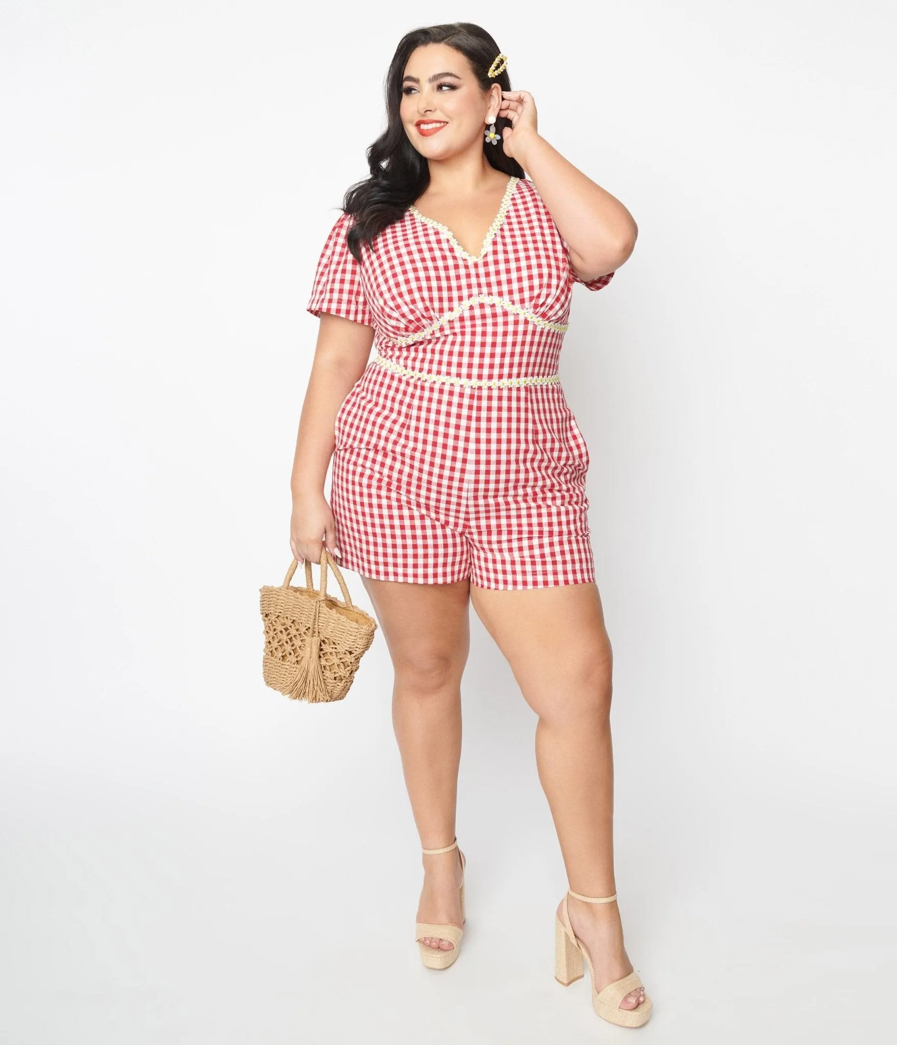 Unique Vintage Plus Size 1940s Red Gingham & Daisy Romper