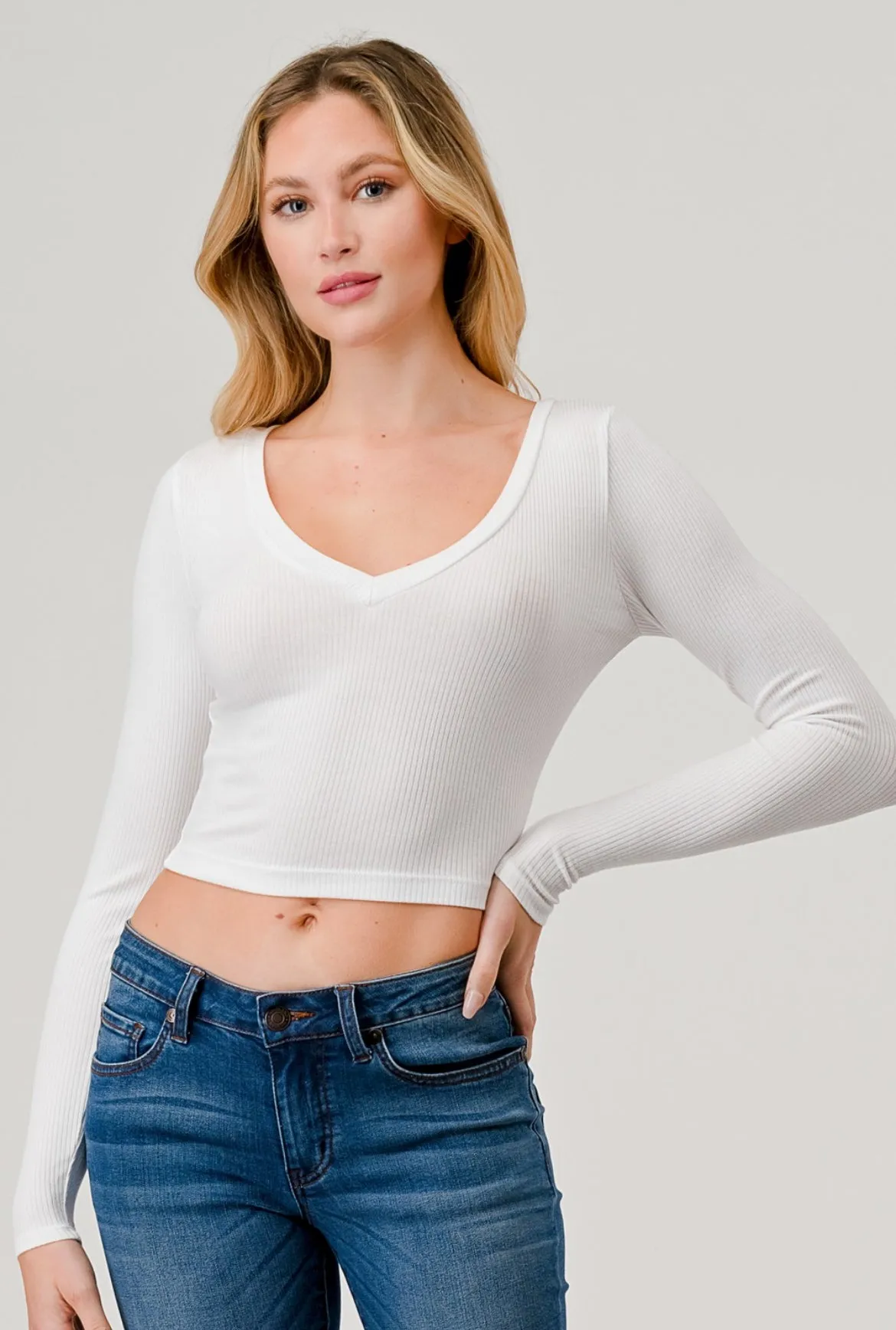 V-Neck Long Sleeve Ribbed Top