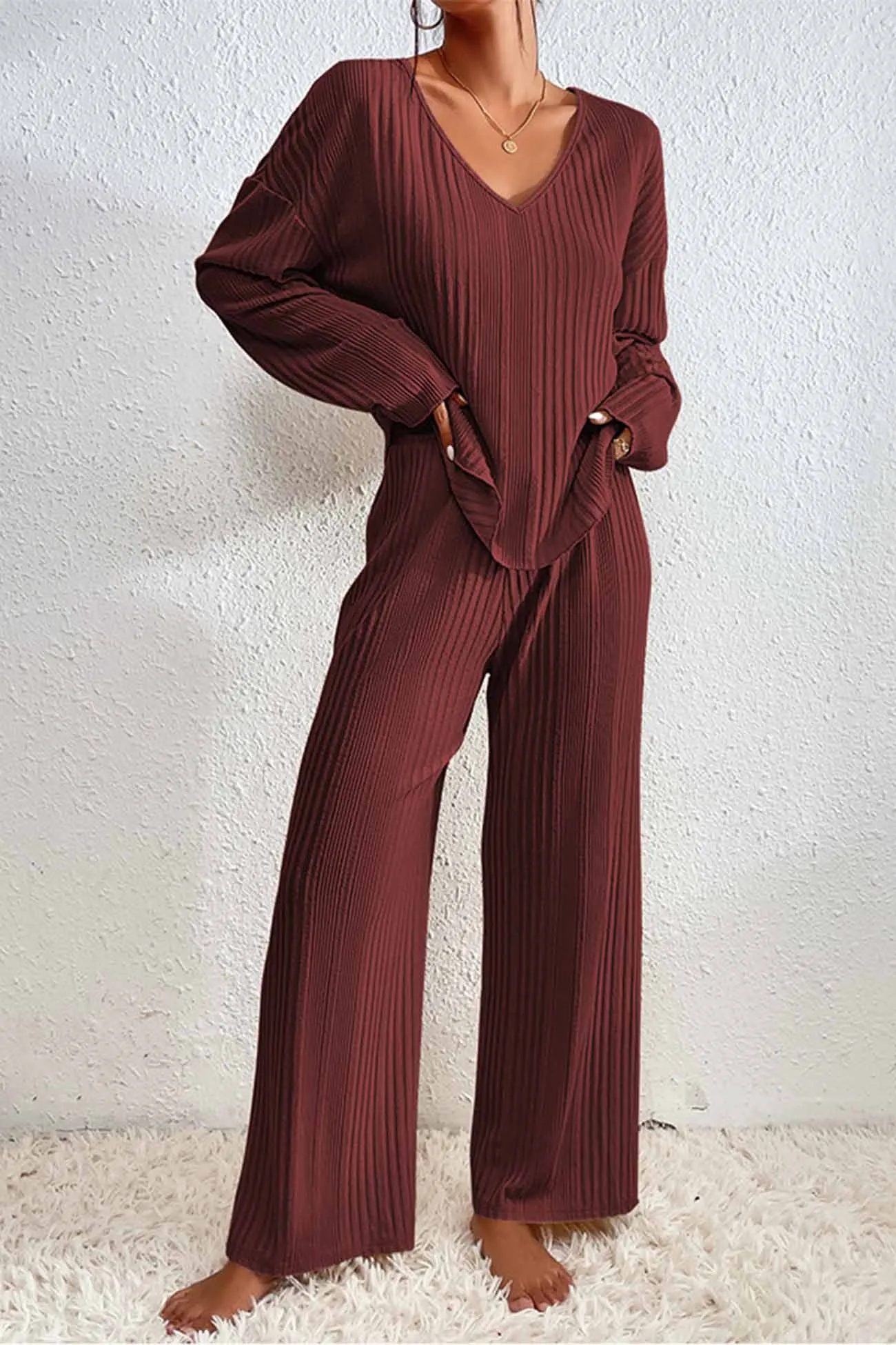 V Neck Ribbed Long Sleeve Two-Piece Set