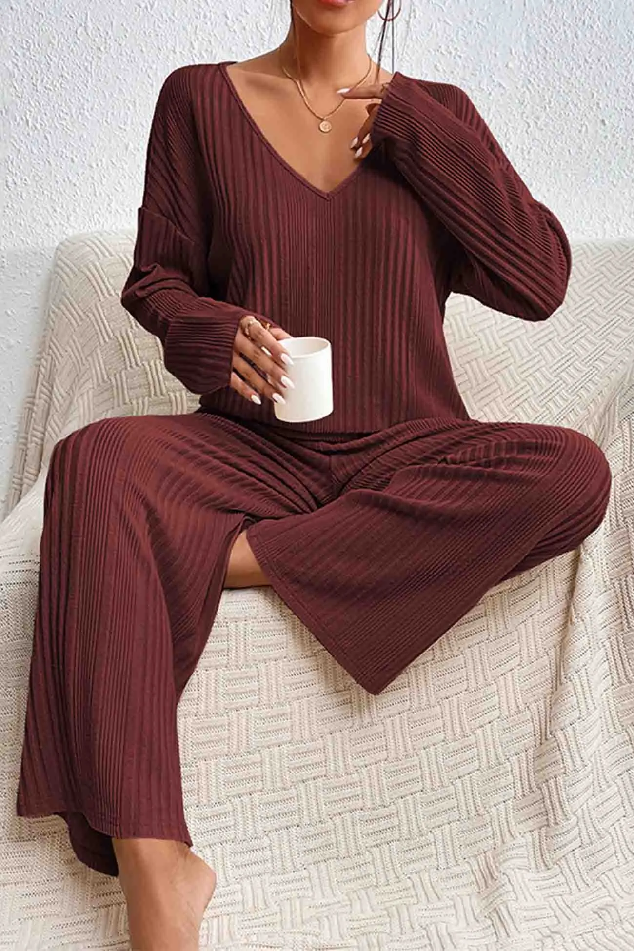 V Neck Ribbed Long Sleeve Two-Piece Set