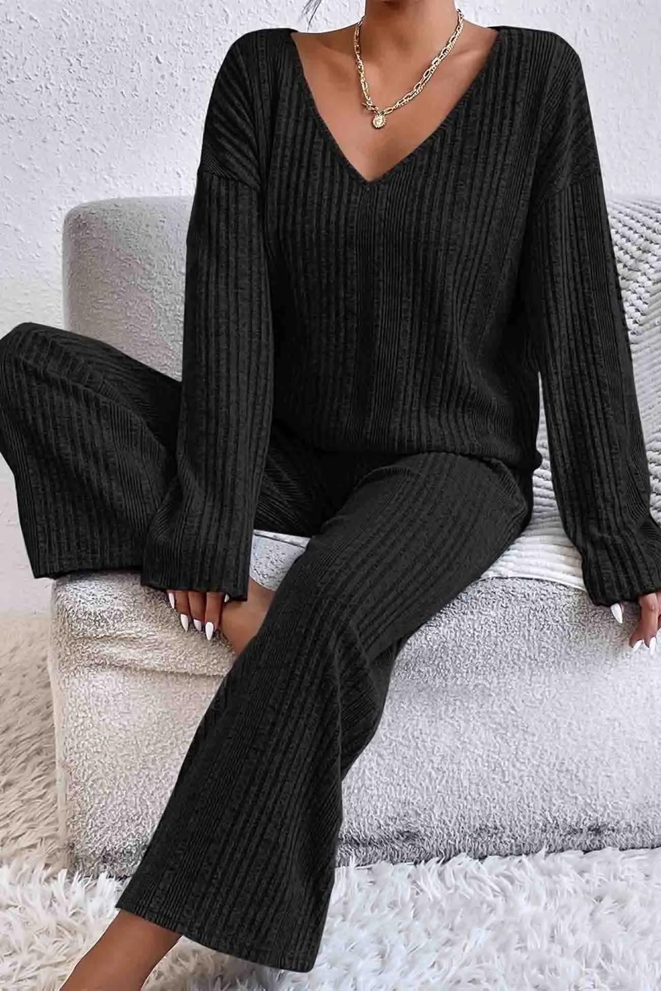 V Neck Ribbed Long Sleeve Two-Piece Set