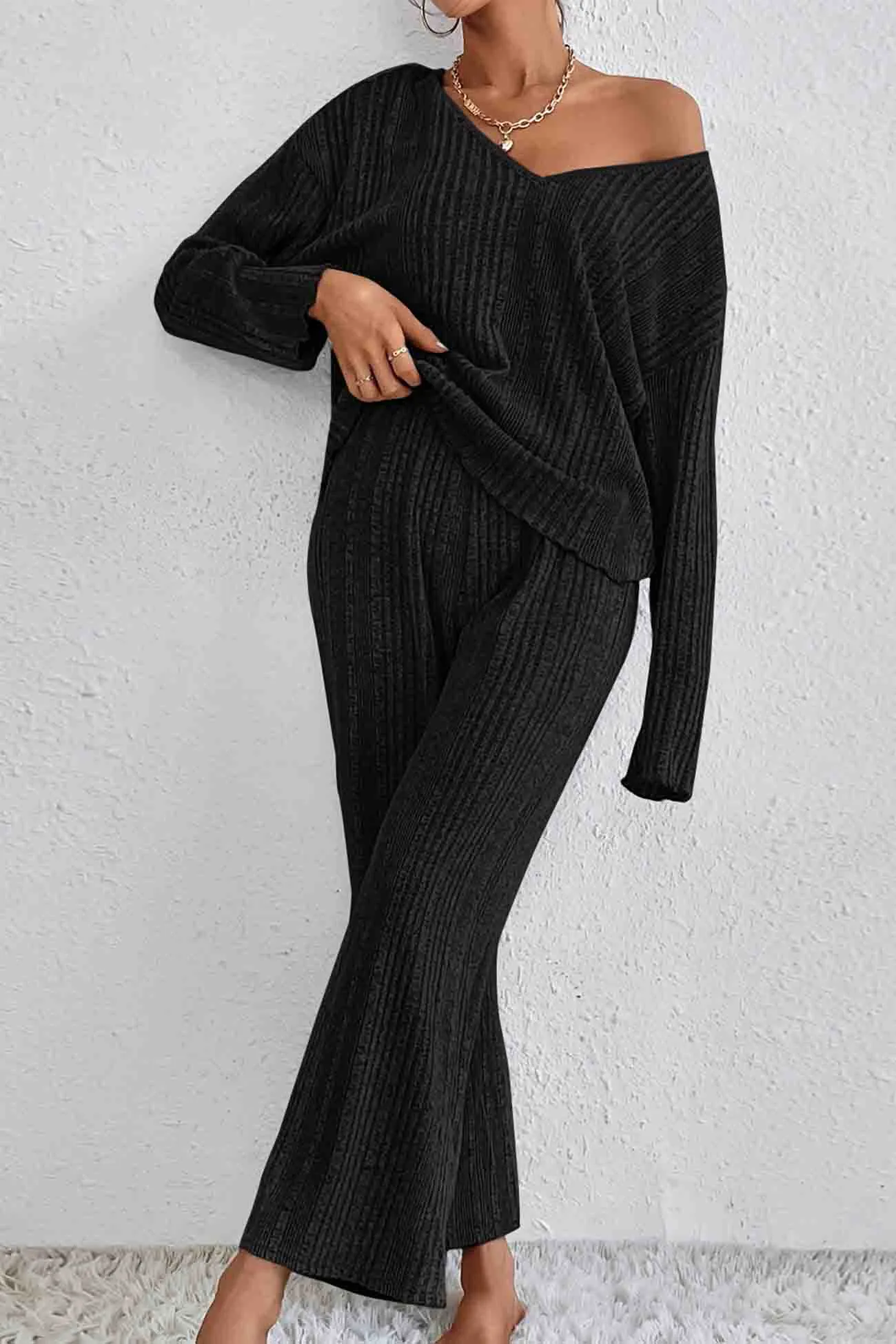 V Neck Ribbed Long Sleeve Two-Piece Set