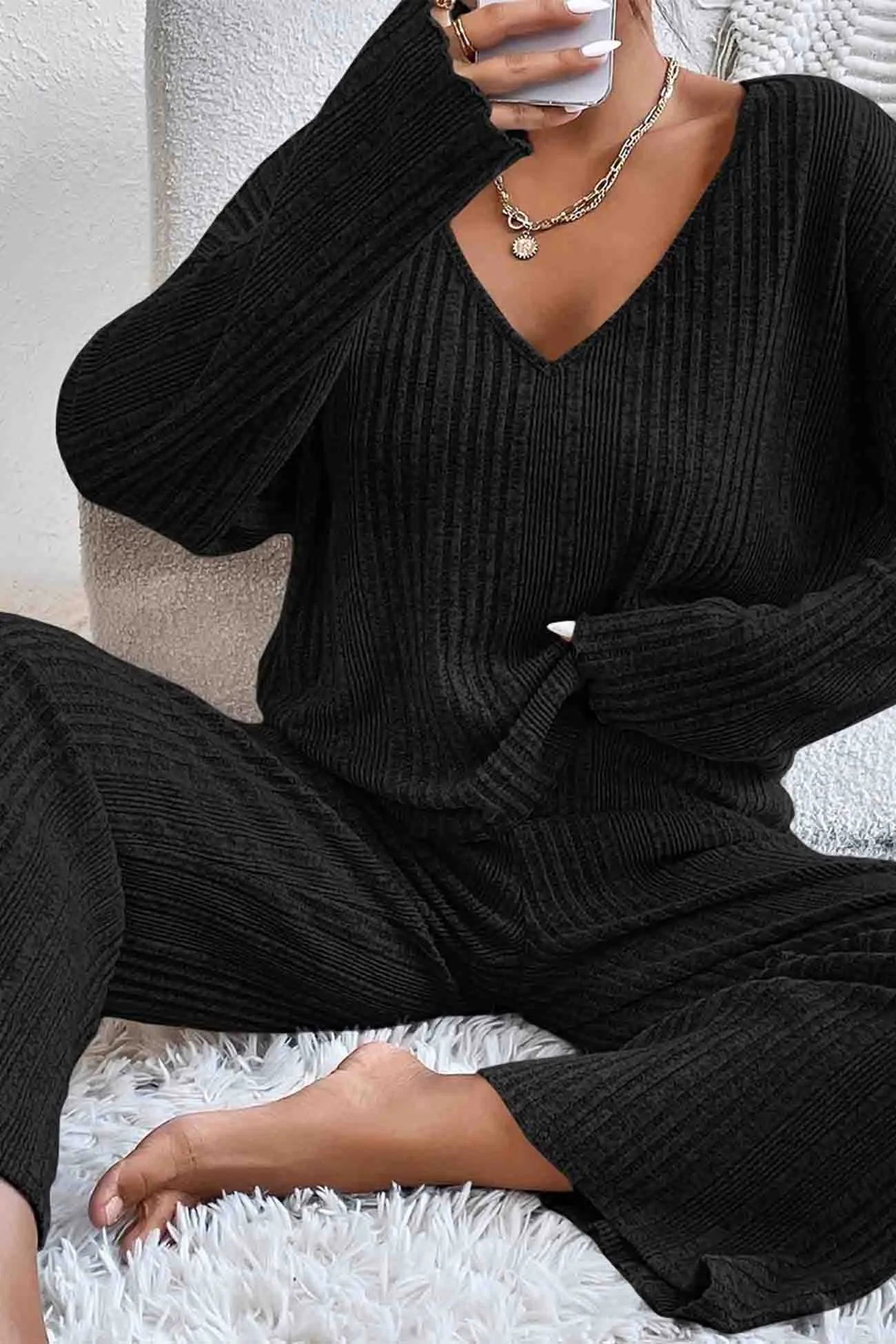 V Neck Ribbed Long Sleeve Two-Piece Set