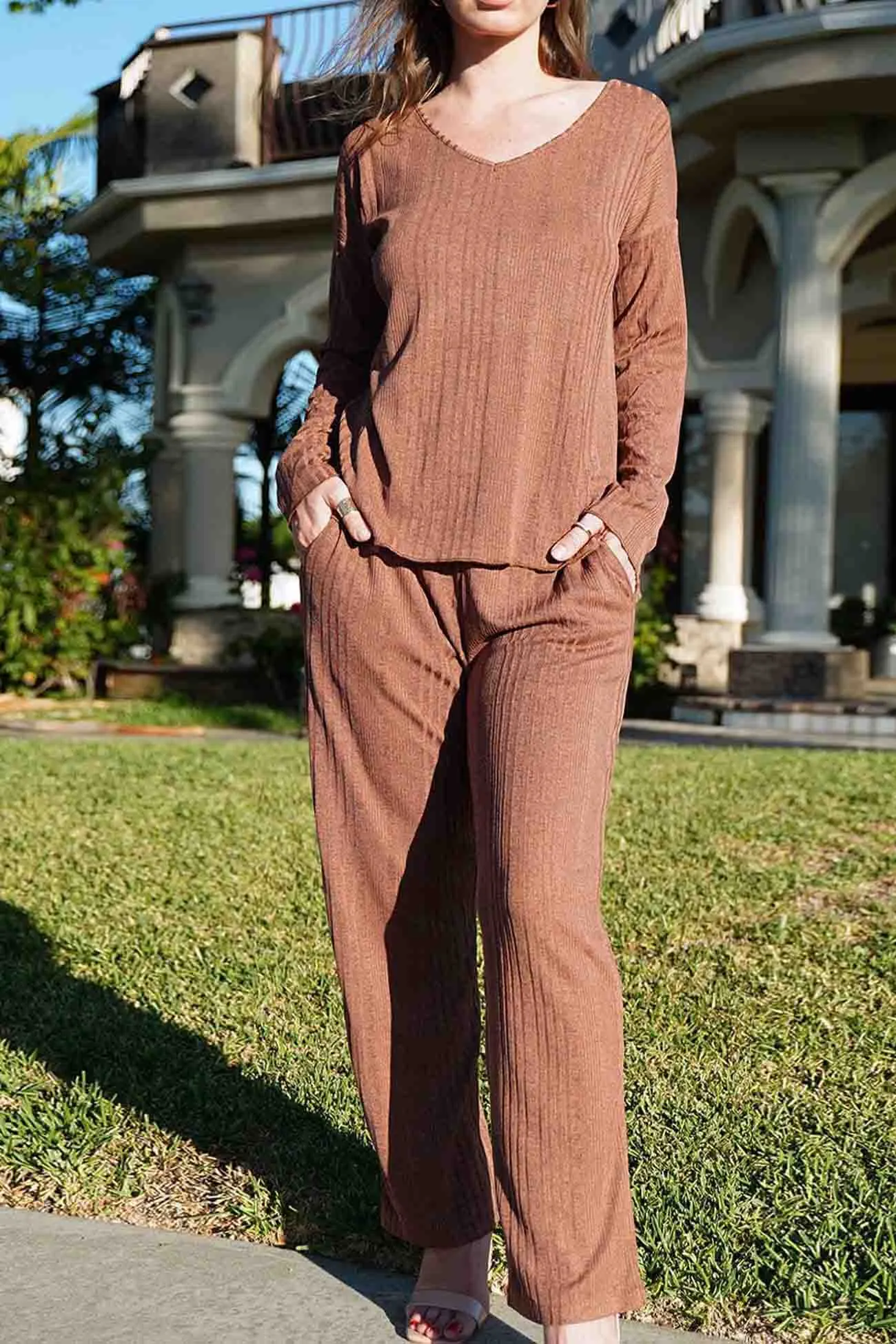 V Neck Ribbed Long Sleeve Two-Piece Set