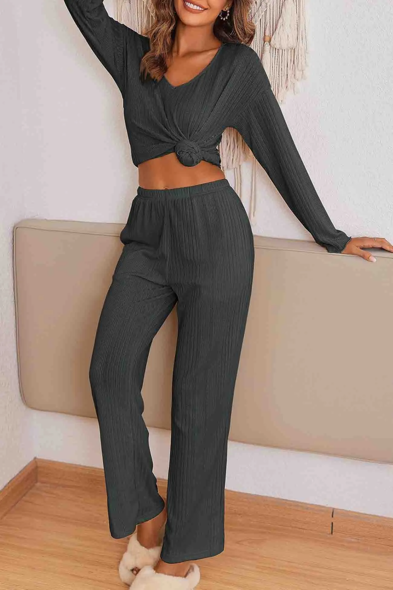 V Neck Ribbed Long Sleeve Two-Piece Set