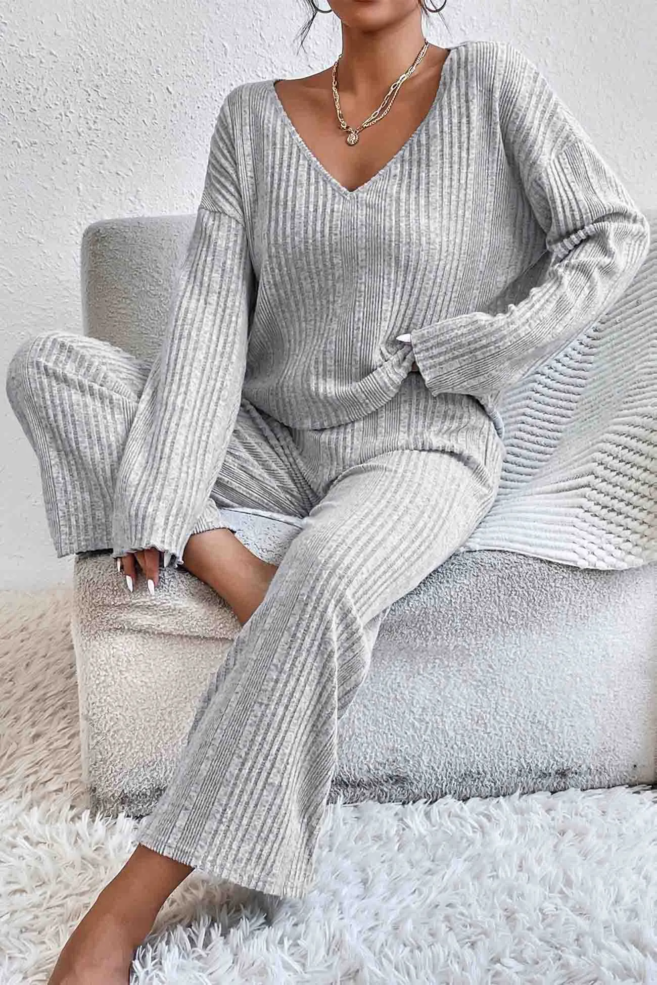 V Neck Ribbed Long Sleeve Two-Piece Set