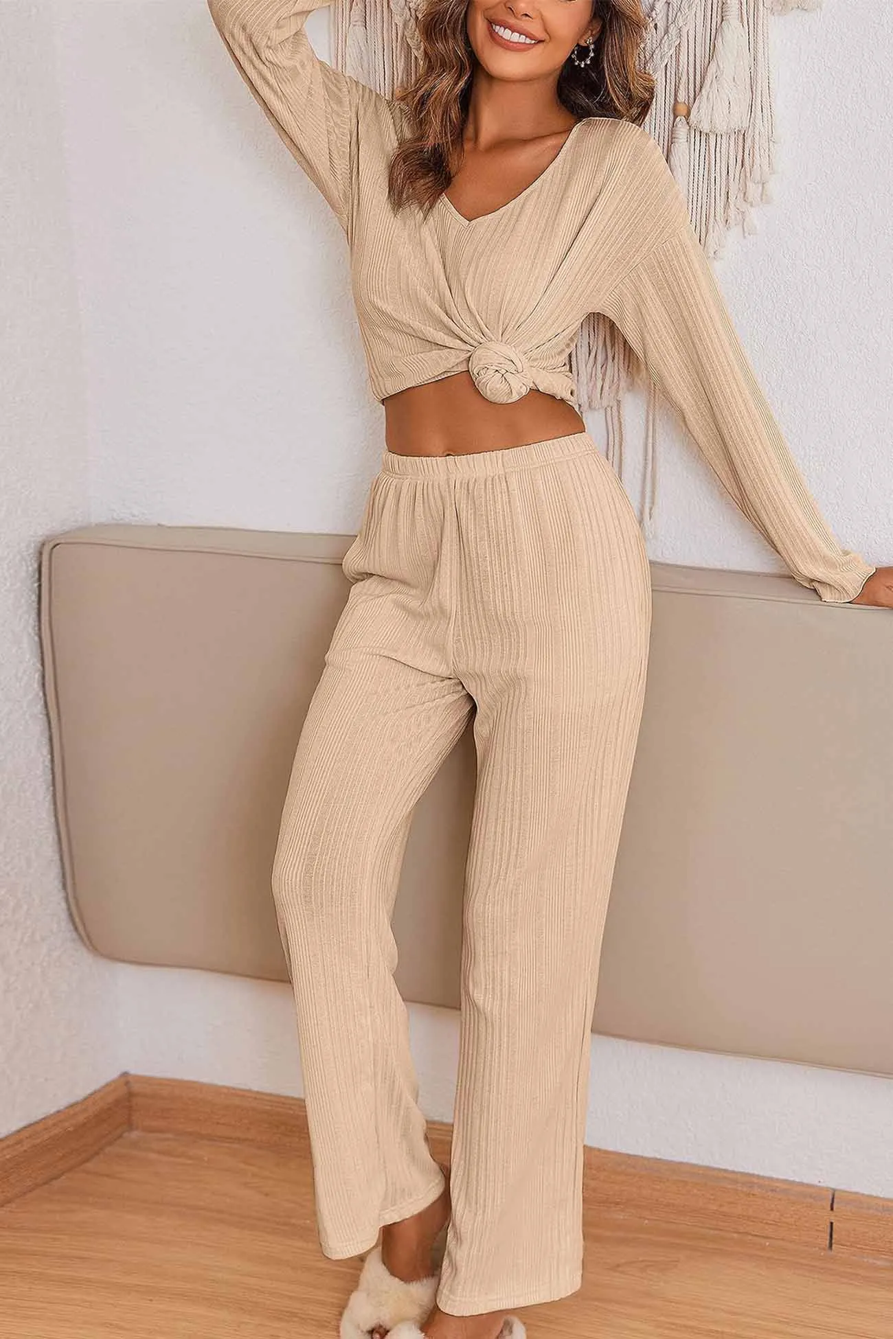 V Neck Ribbed Long Sleeve Two-Piece Set