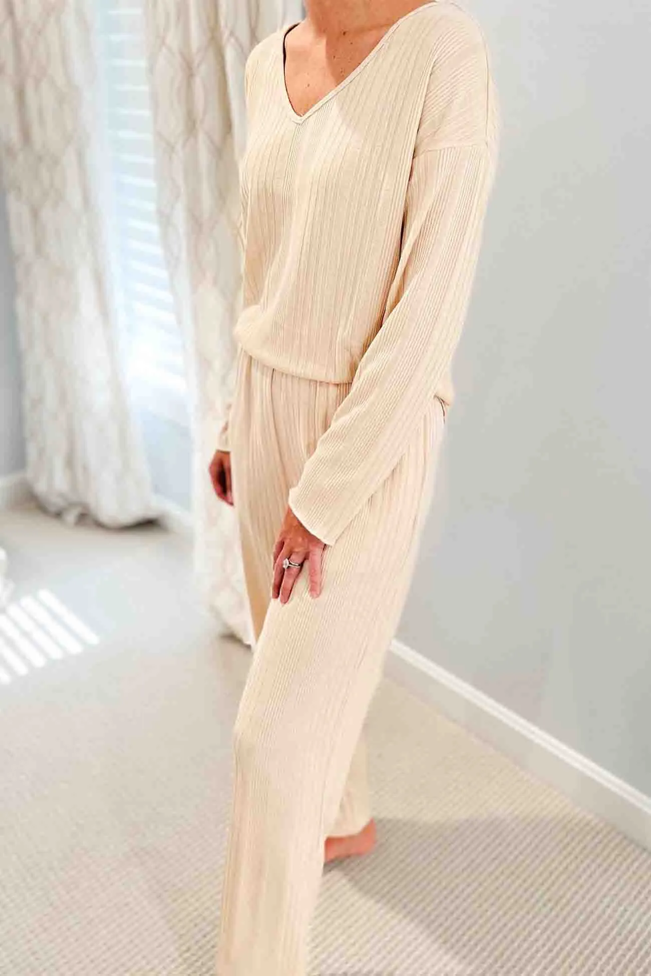 V Neck Ribbed Long Sleeve Two-Piece Set