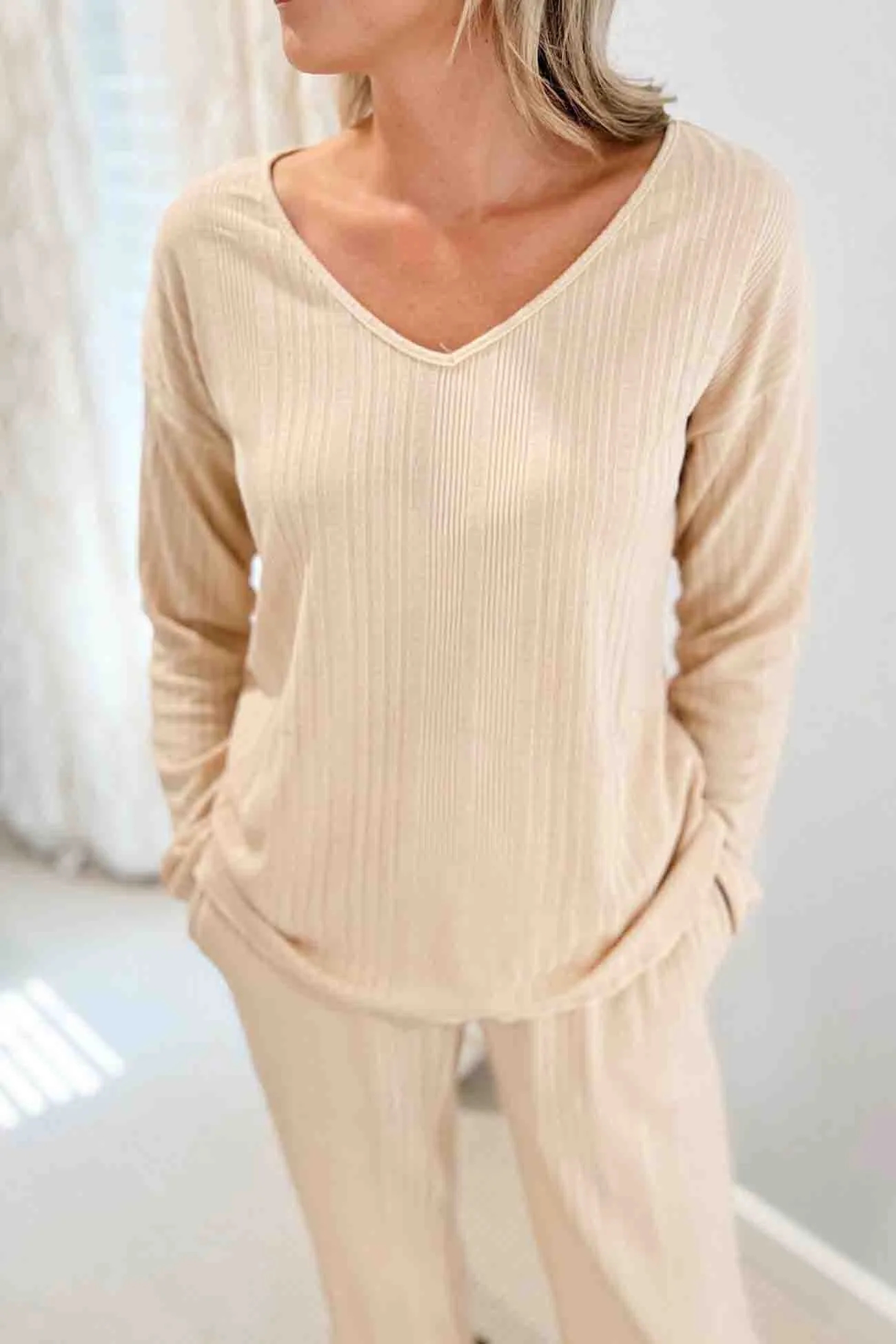 V Neck Ribbed Long Sleeve Two-Piece Set