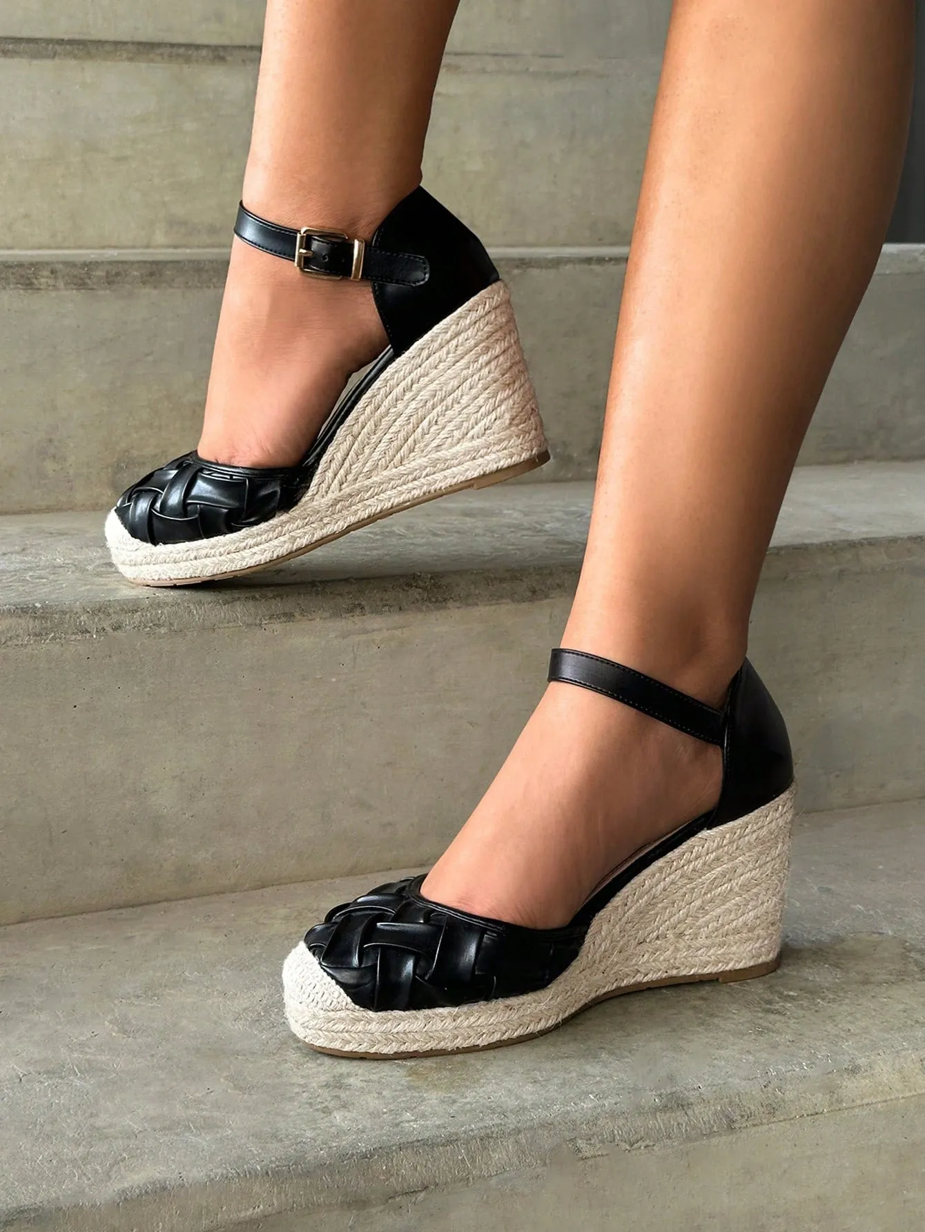 Women Braid Design Court Wedges, Vacation Black Ankle Strap Wedge Shoes