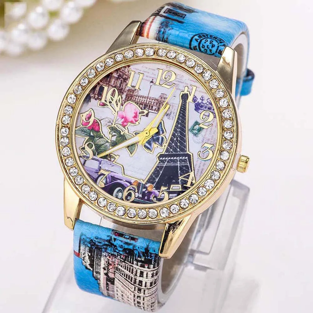 Women Wathces Crystal Rhinestone Dress Clock Vintage Paris Eiffel Tower PU Leather Band Relogio Feminino