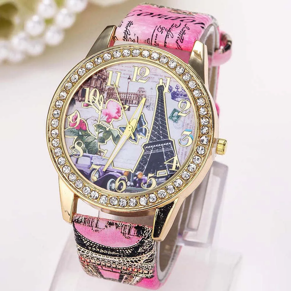 Women Wathces Crystal Rhinestone Dress Clock Vintage Paris Eiffel Tower PU Leather Band Relogio Feminino