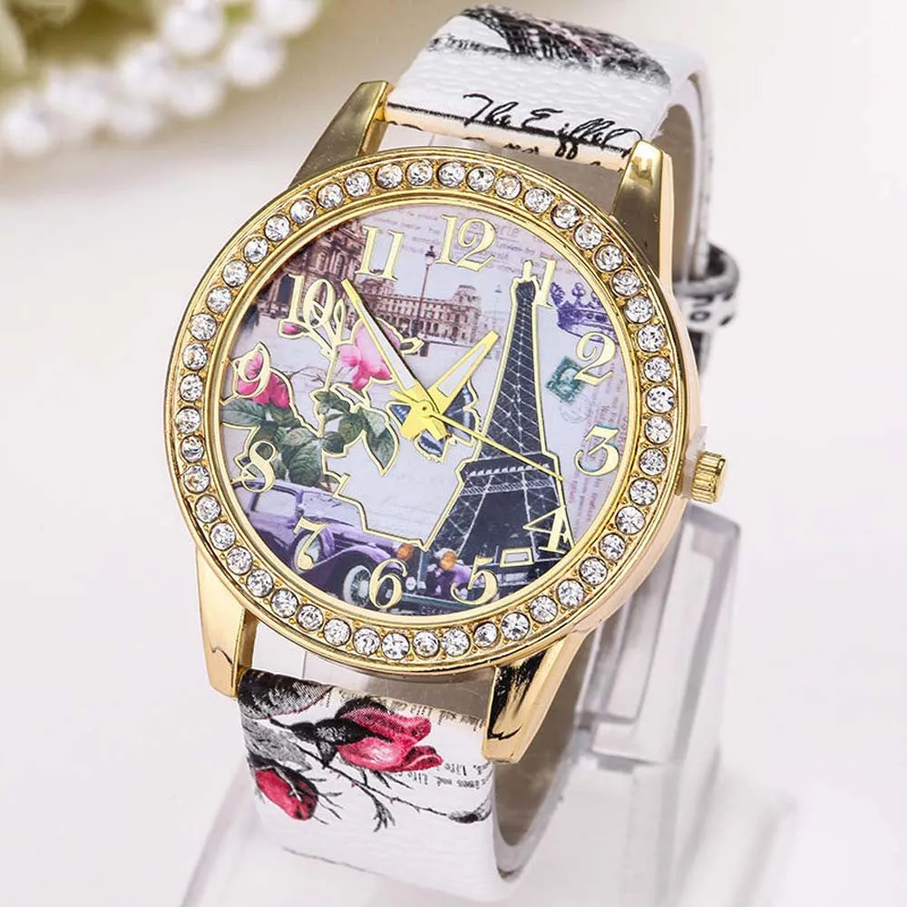 Women Wathces Crystal Rhinestone Dress Clock Vintage Paris Eiffel Tower PU Leather Band Relogio Feminino