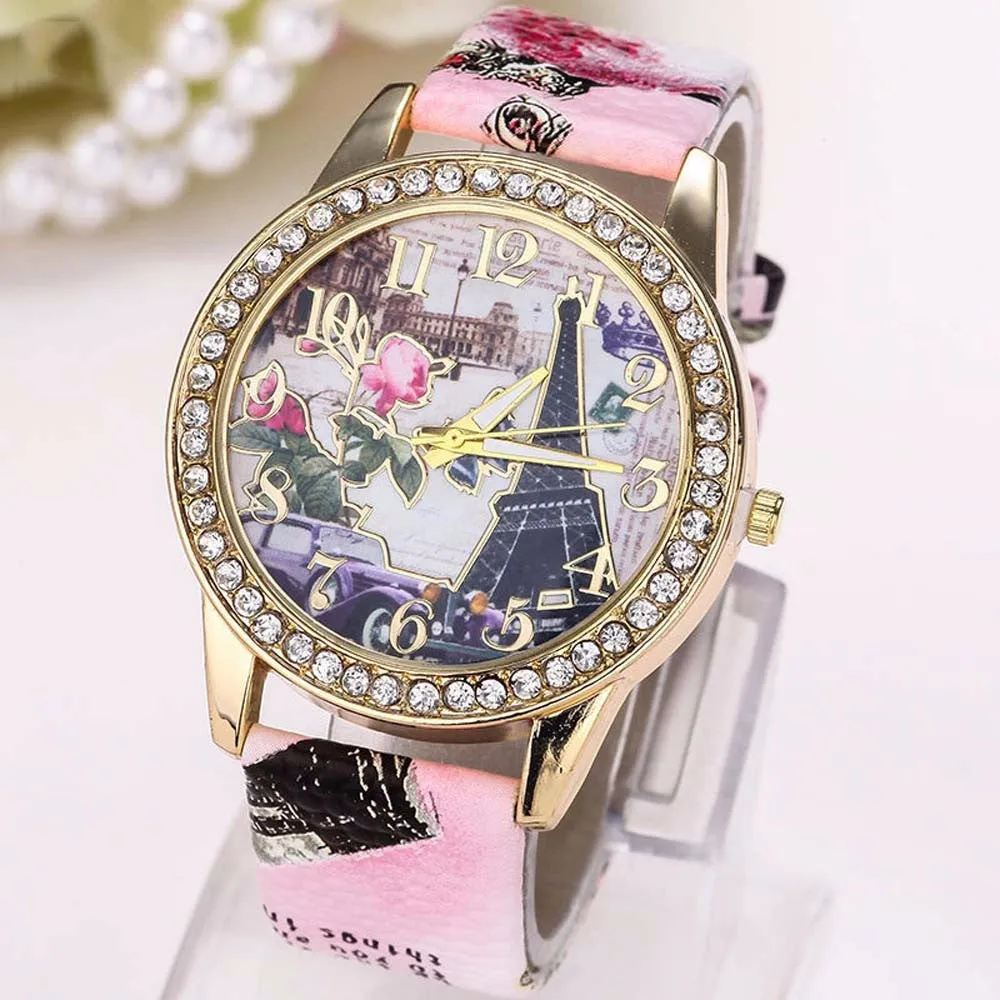 Women Wathces Crystal Rhinestone Dress Clock Vintage Paris Eiffel Tower PU Leather Band Relogio Feminino