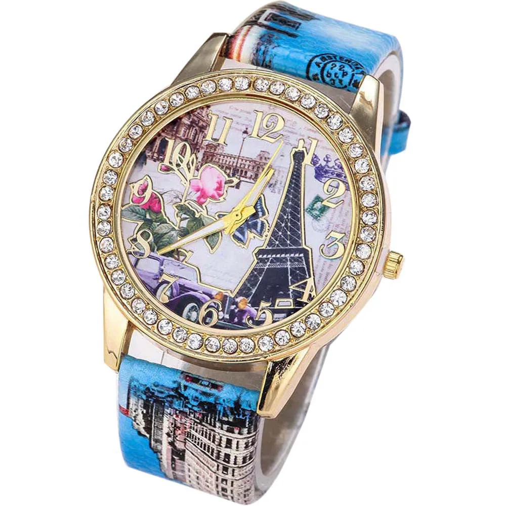 Women Wathces Crystal Rhinestone Dress Clock Vintage Paris Eiffel Tower PU Leather Band Relogio Feminino