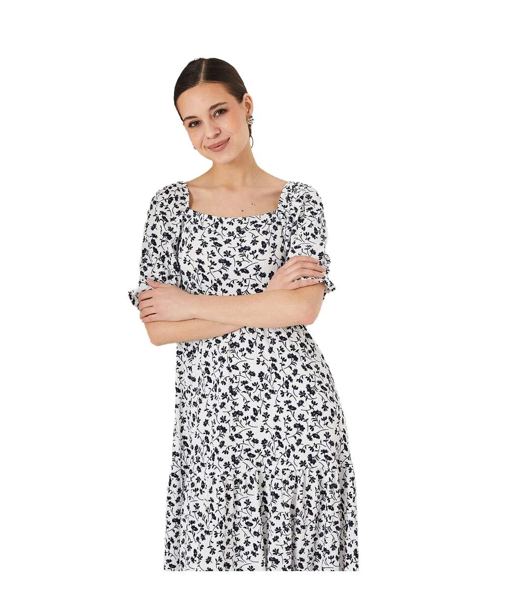 Womens/ladies ditsy print tiered puff sleeve midi dress ivory Dorothy Perkins