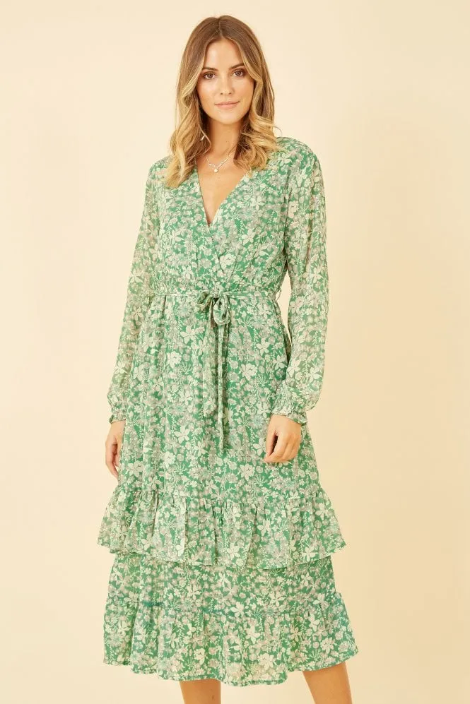 Yumi Green Floral Wrap Long Sleeve Tiered Midi Dress