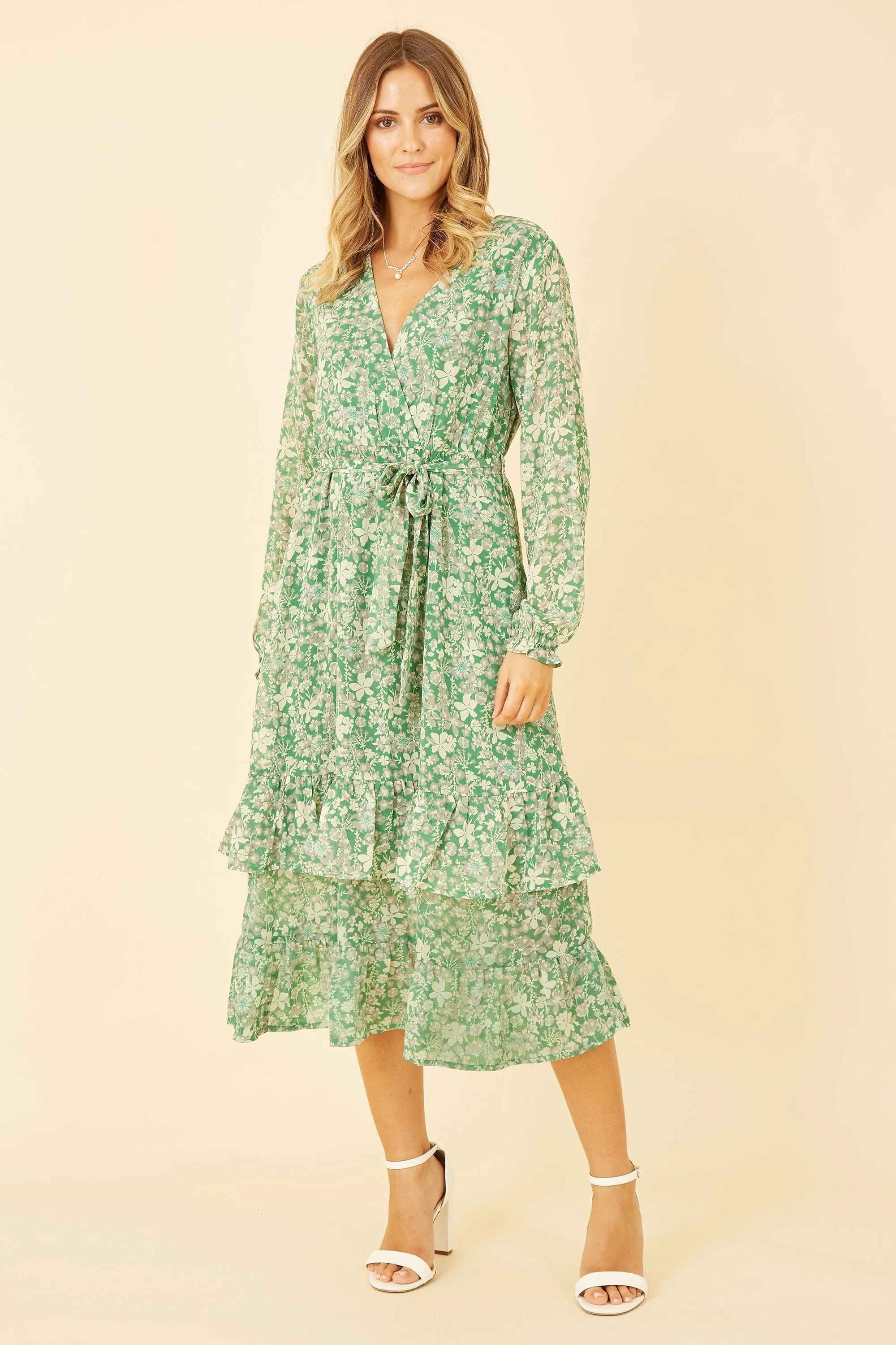 Yumi Green Floral Wrap Long Sleeve Tiered Midi Dress