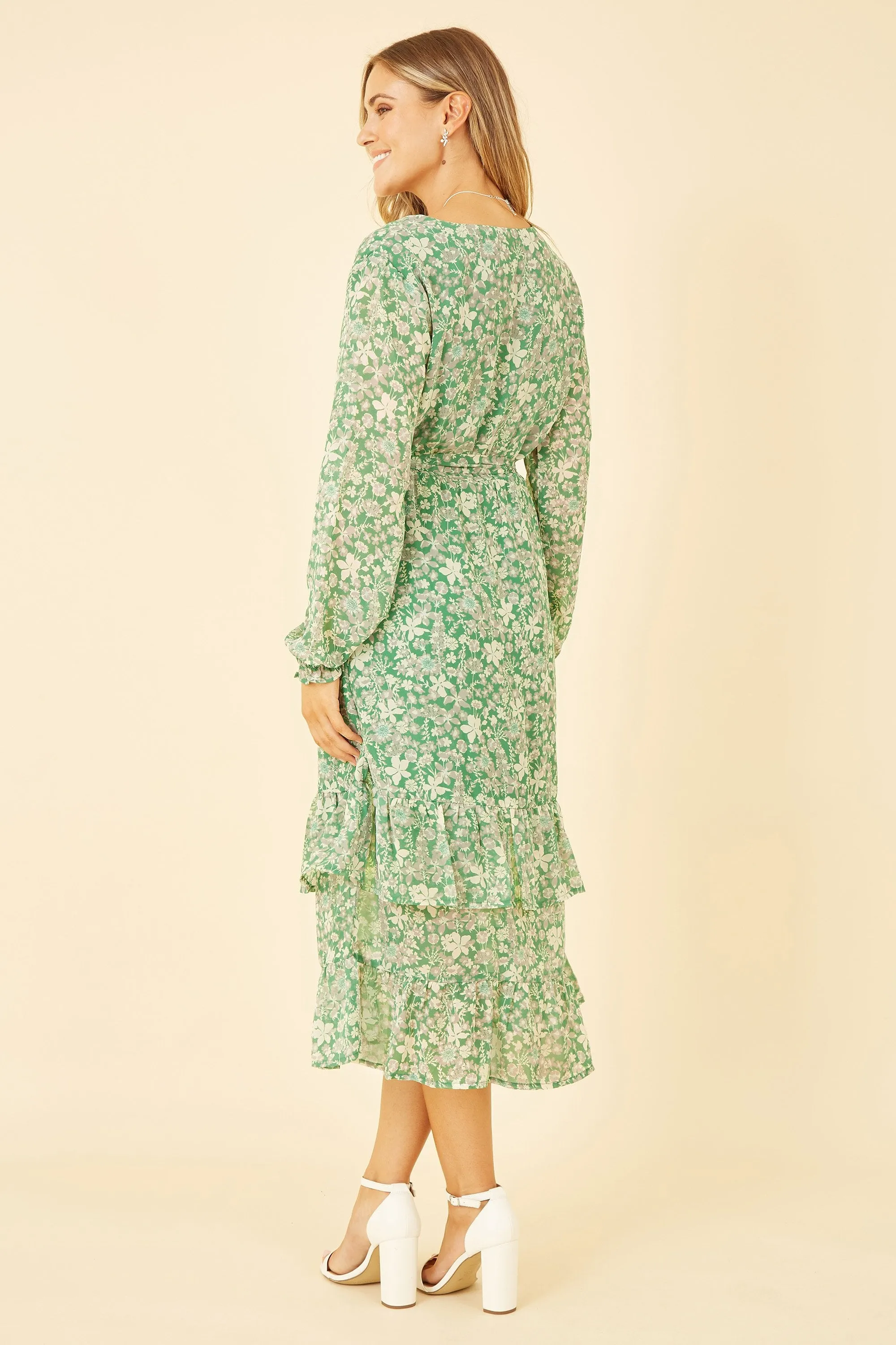 Yumi Green Floral Wrap Long Sleeve Tiered Midi Dress