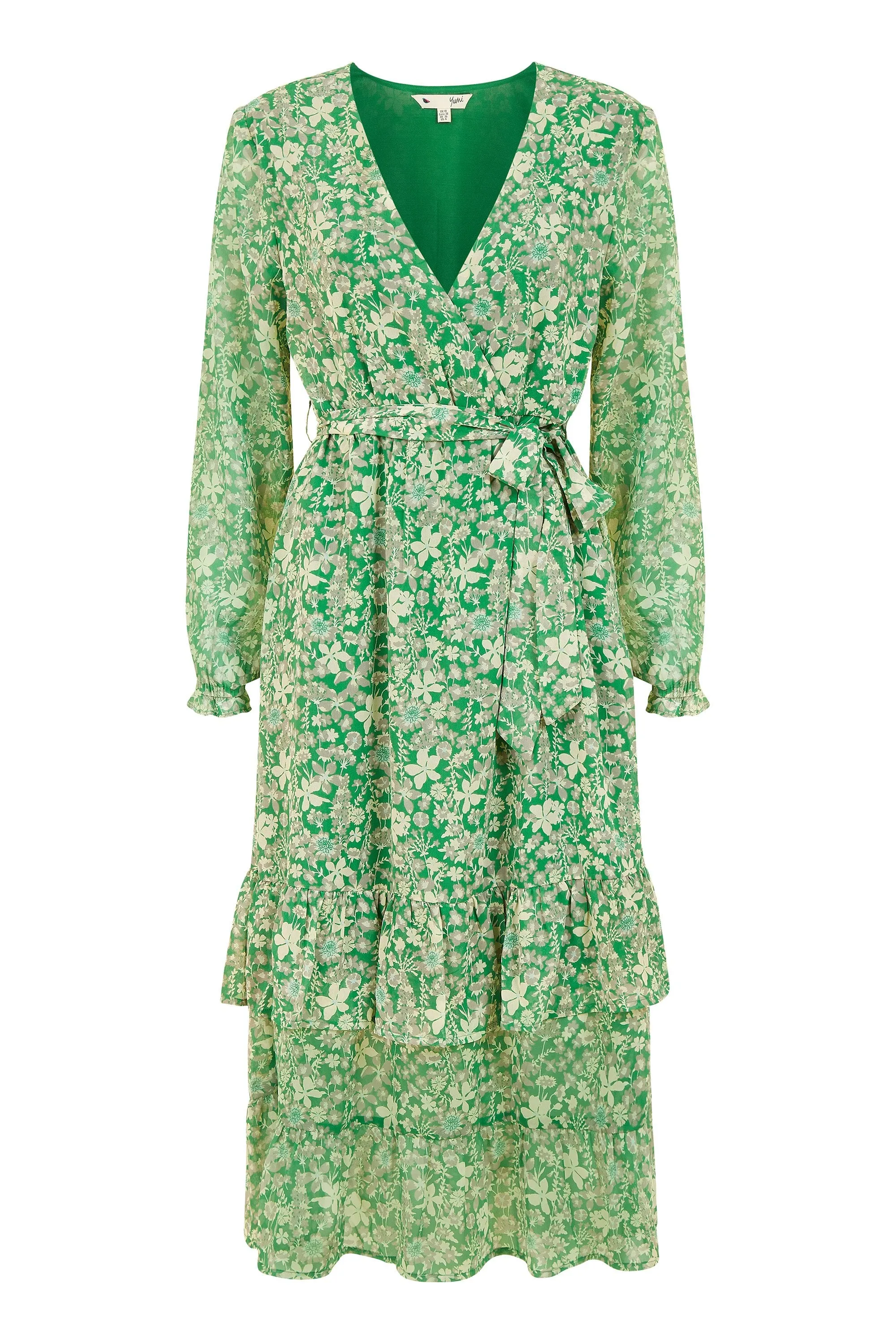 Yumi Green Floral Wrap Long Sleeve Tiered Midi Dress