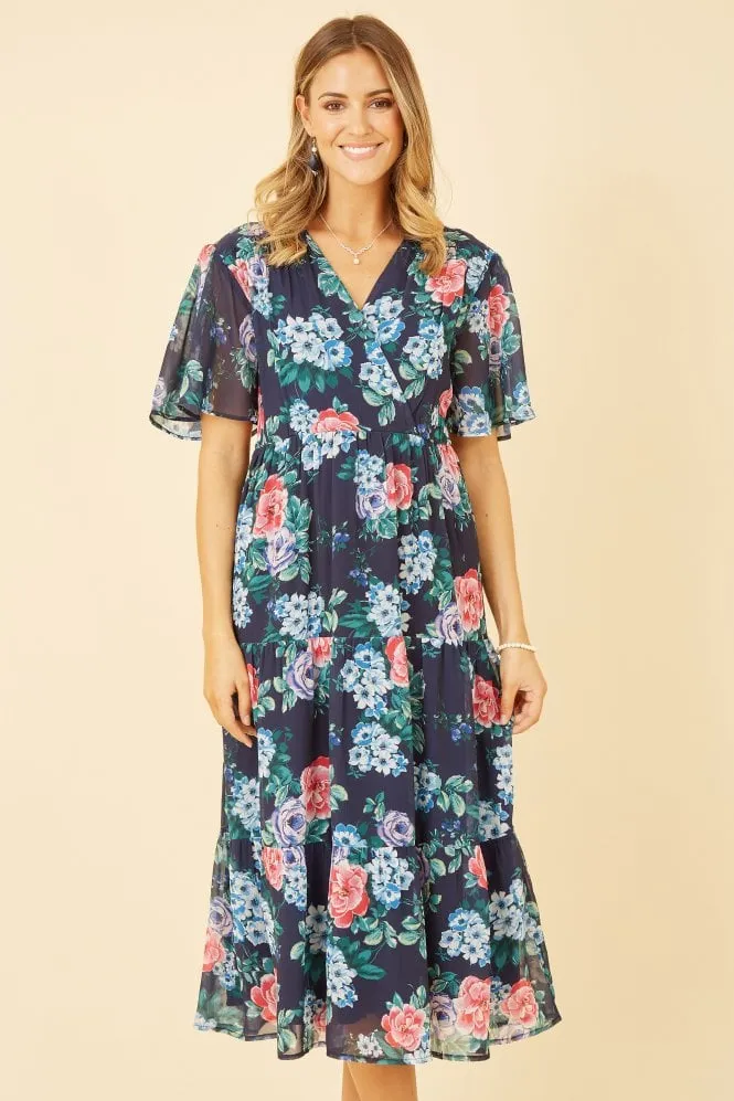 Yumi Navy Floral Wrap Midi Dress With Tiered Hem