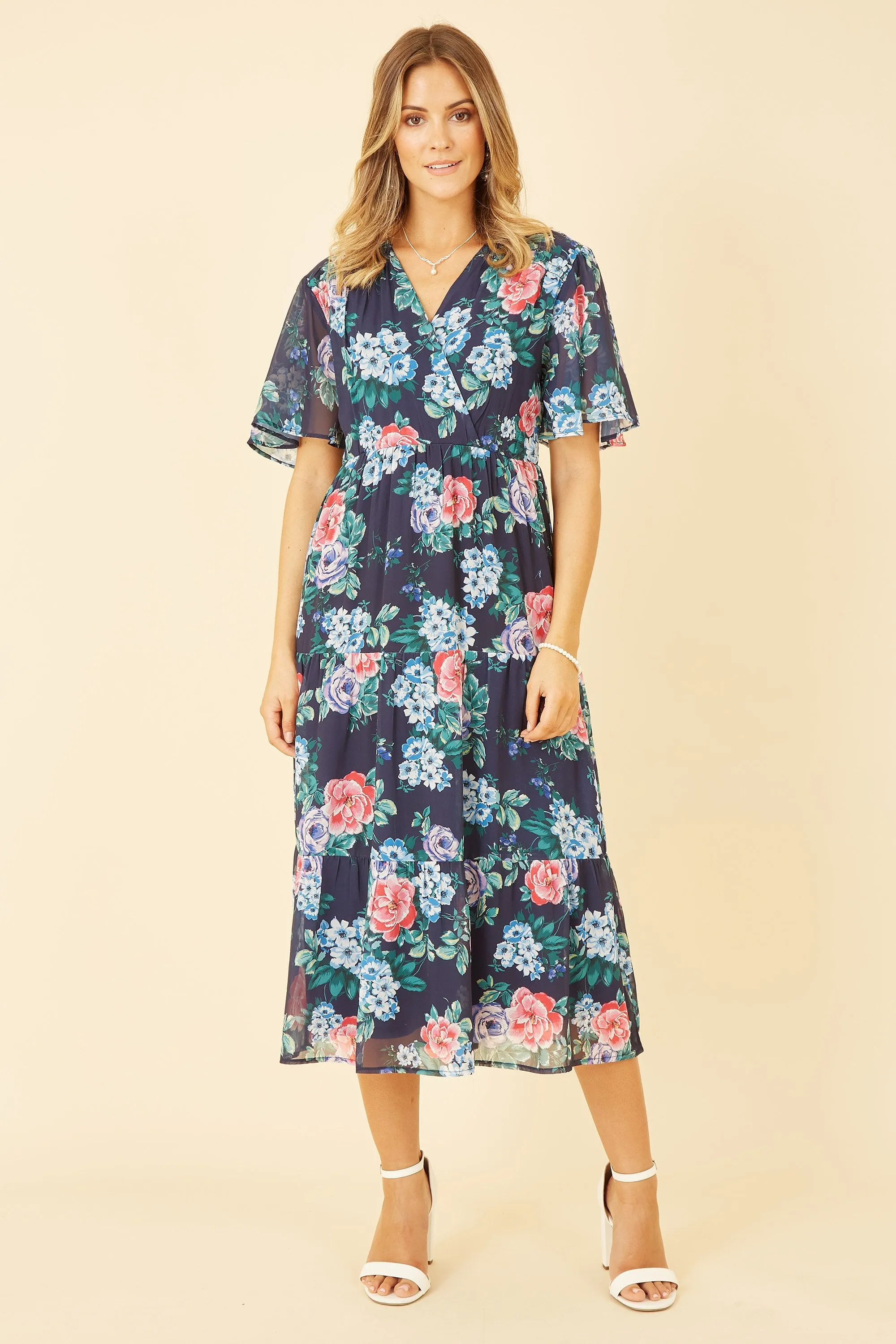 Yumi Navy Floral Wrap Midi Dress With Tiered Hem