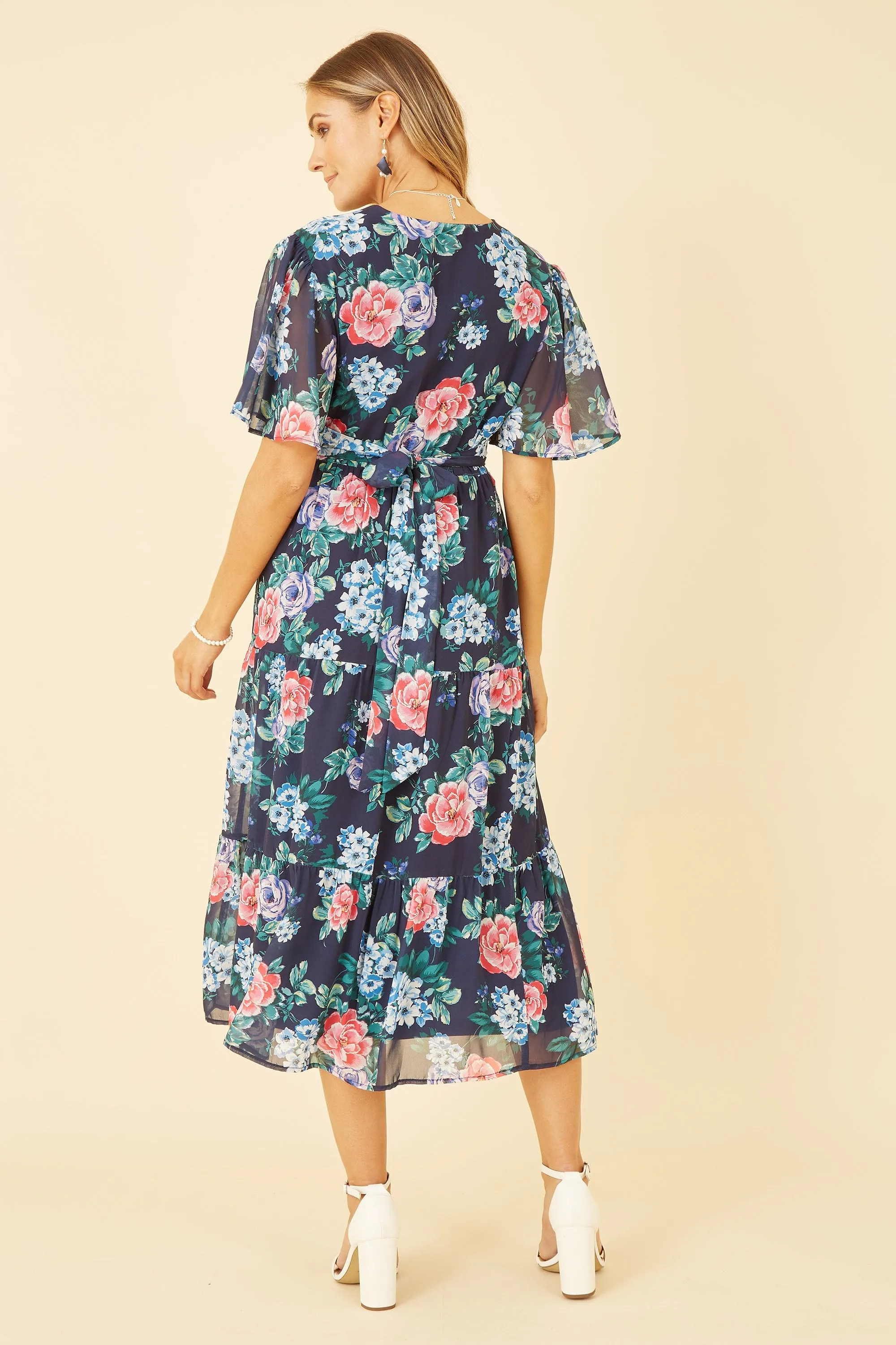 Yumi Navy Floral Wrap Midi Dress With Tiered Hem