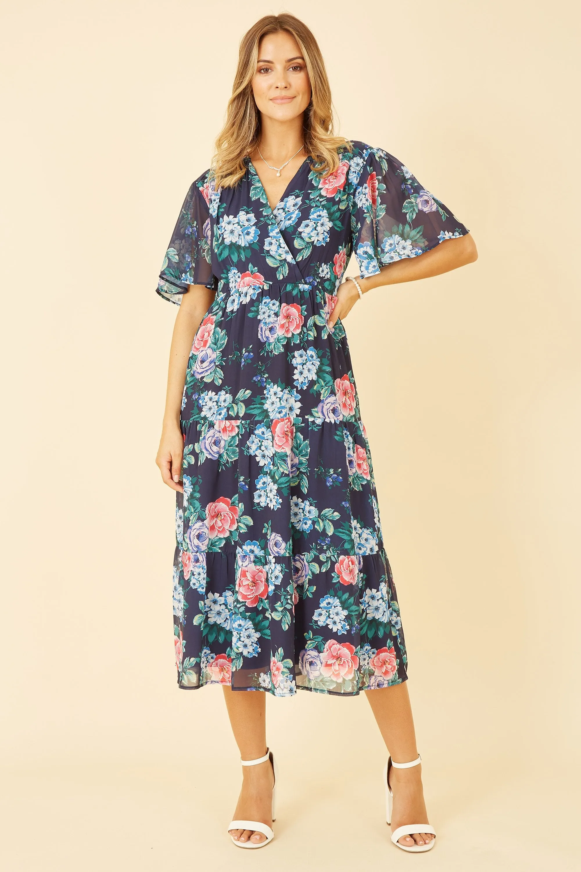 Yumi Navy Floral Wrap Midi Dress With Tiered Hem