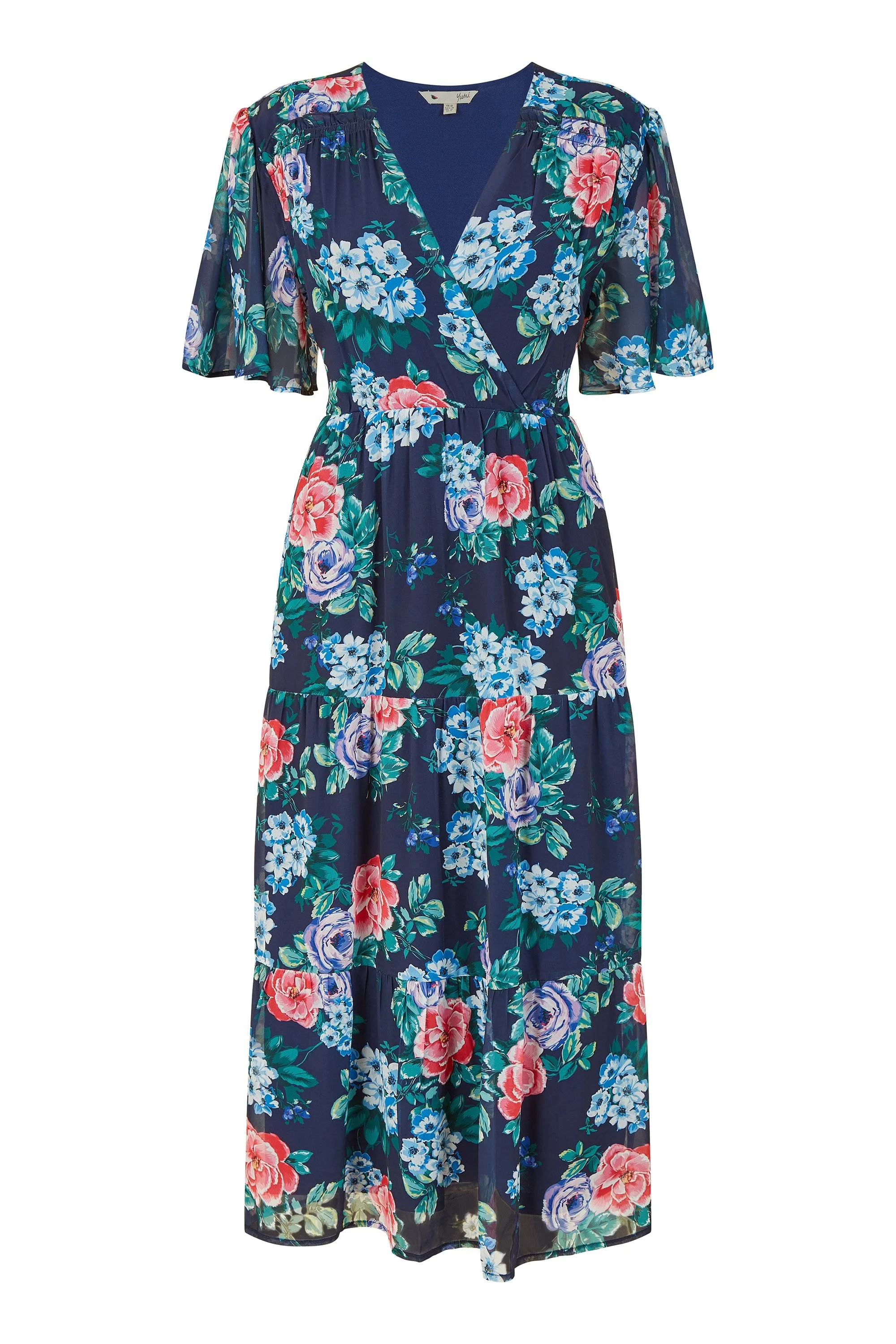 Yumi Navy Floral Wrap Midi Dress With Tiered Hem