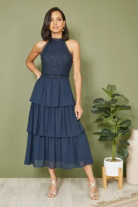 Yumi Navy Lace Halter Neck Midi Dress With Tiered Hem