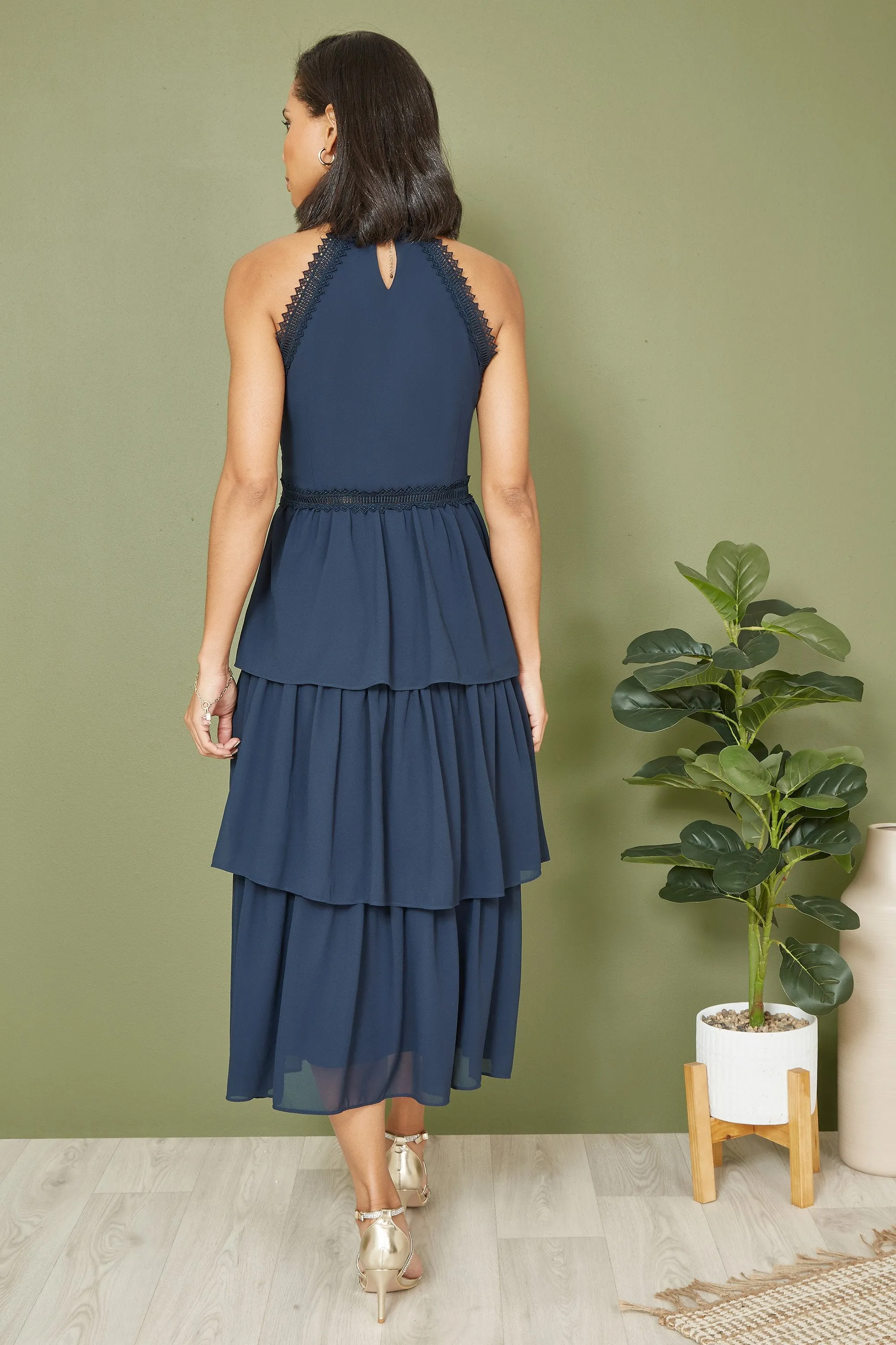 Yumi Navy Lace Halter Neck Midi Dress With Tiered Hem