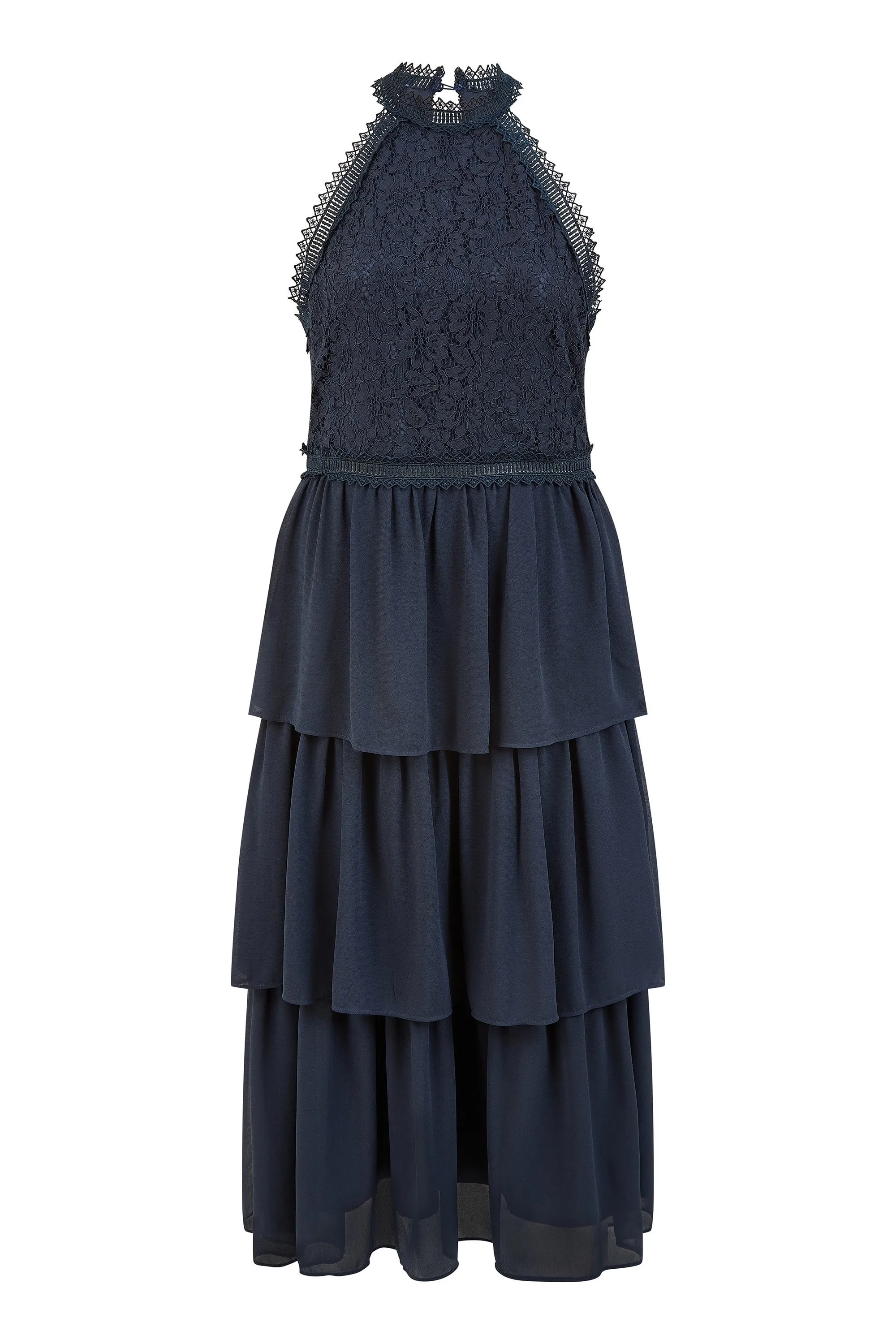 Yumi Navy Lace Halter Neck Midi Dress With Tiered Hem