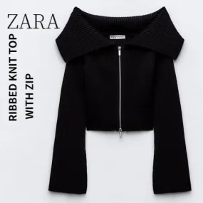 ZARA  |RIBBED KNIT TOP WITH ZIPPER